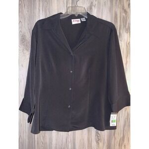 Joanna Plus Womens 2X Black Button Down Blouse 3/4 Sleeve Crepe Top NWT